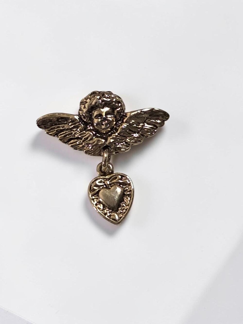 Vintage Cherub Angel Gold Mini Metal Tack Pin With Hanging Heart Brooch